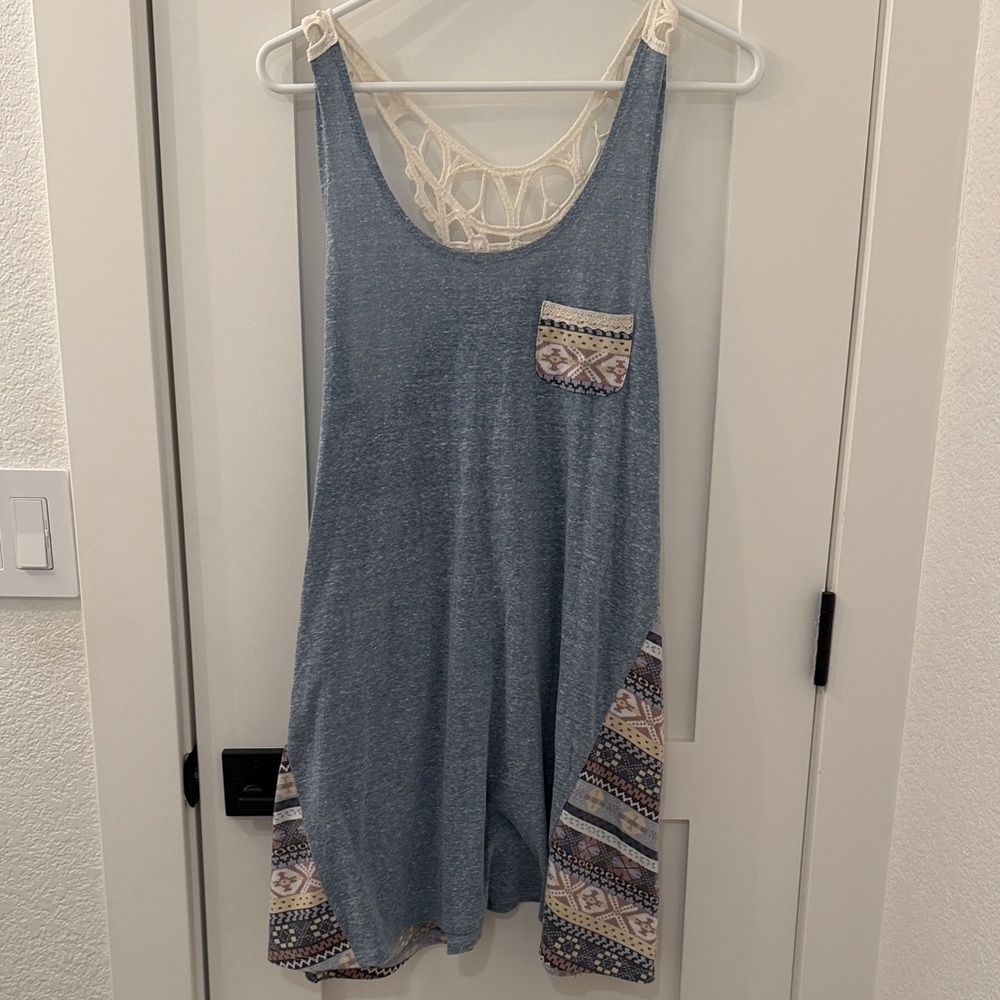 Blue Crochet-Back Beach Dress with Patterned Trim